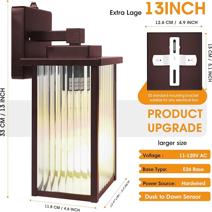 2-Pack 13" Bronze Dusk to Dawn Wall-Mounted Exterior Light Fixtures | Auto On and Off, Anti-Rust Metal Frame, Tempered Glass, E26 Socket, Easy DIY Install on Porch, Garage