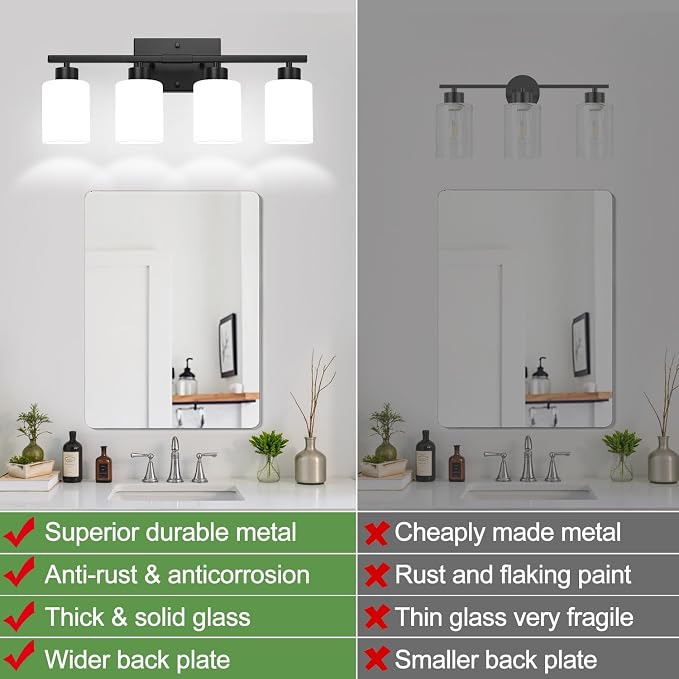 4-Light Bathroom Vanity Light Fixture, Matte Black Finish with Frosted Glass Shades, Modern Bathroom Light Fixtures for Mirror, Living Room, or Bedroom, E26 Socket