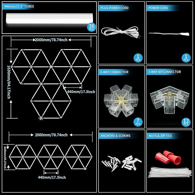 Hexagon Garage Light 18 Triangle, 252W 30240LM, 6500K Super Bright Honeycomb Hexagonal LED Ceiling Light for Garage, Workshop, Basement, Gym, Car Detailing Shop