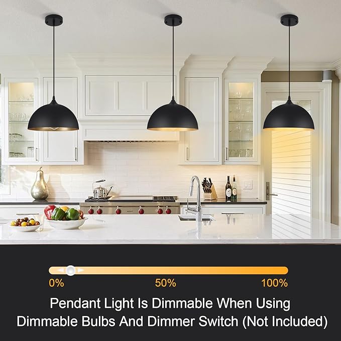 3 Pack Black Pendant Lights for Kitchen Island 11.8" Modern Pendant Lighting Fixtures Farmhouse Vintage Hanging Ceiling Light Fixture for Dining Room Foyer Hallway Bar Cafe Kitchen Sink Matte Dome