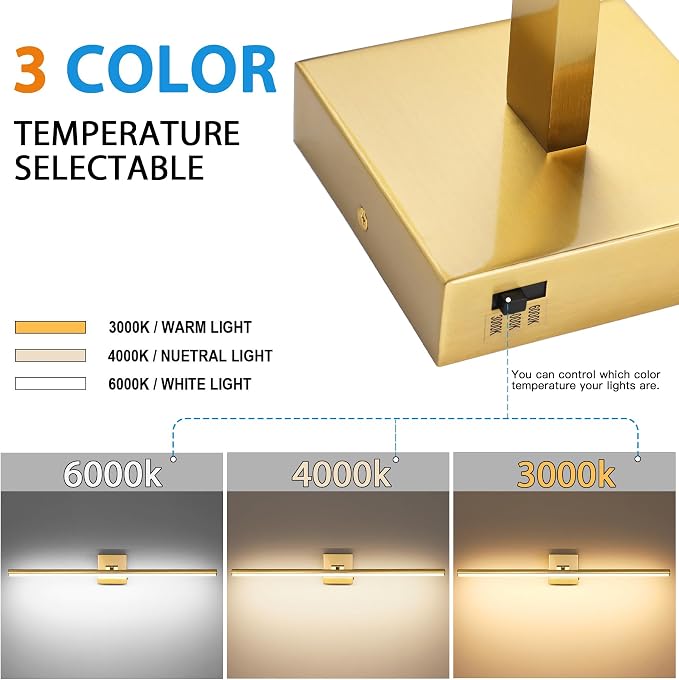 LED Bathroom Vanity Light, Modern Bathroom Light Fixture Over Mirror (3000K/4000K/6000K, Dimmable), Vanity Light Bar with Angle Adjustable, 32 Inch, Brass