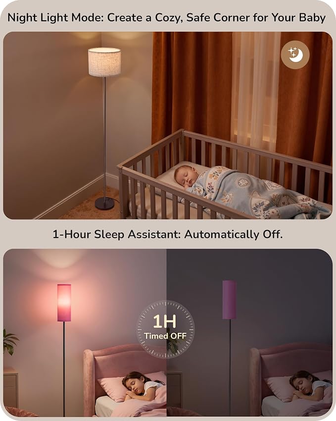 EDISHINE 2 Lampshades Modern Floor Lamps for Living Room Pink | 63.7", Remote Control, Foot Switch, 2700-6000K Dimmable, 9W Bulb Included, Minimalist Standing Lamp for Bedroom, Office