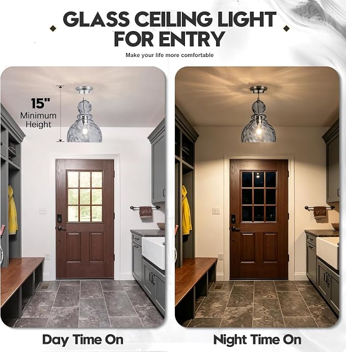 Hammered Glass Pendant Light Smoked Grey Kitchen Island Lights 10in Large Chrome Pendant Hanging Light for Dining Room Kitchen Sink Hallway Entrance, E26