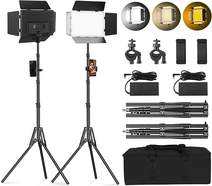 2Pack LED Video Light with Barn Door, 12.6" Bi-Color 280 LED Beads, 2400Lux 2500-6500K CRI 96+ Dimmable Photography Lighting Kit for Video Recording, Filmmaking, YouTube, Studio, and Live Stream