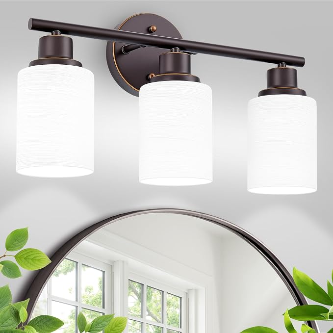 3-Light Bathroom Light Fixtures, Oil-Rubbed Bronze Gold Vanity Lights for Mirror with Textured Milky White Glass Shade, Modern Kitchen Light Fixtures Wall Sconce Light - E26