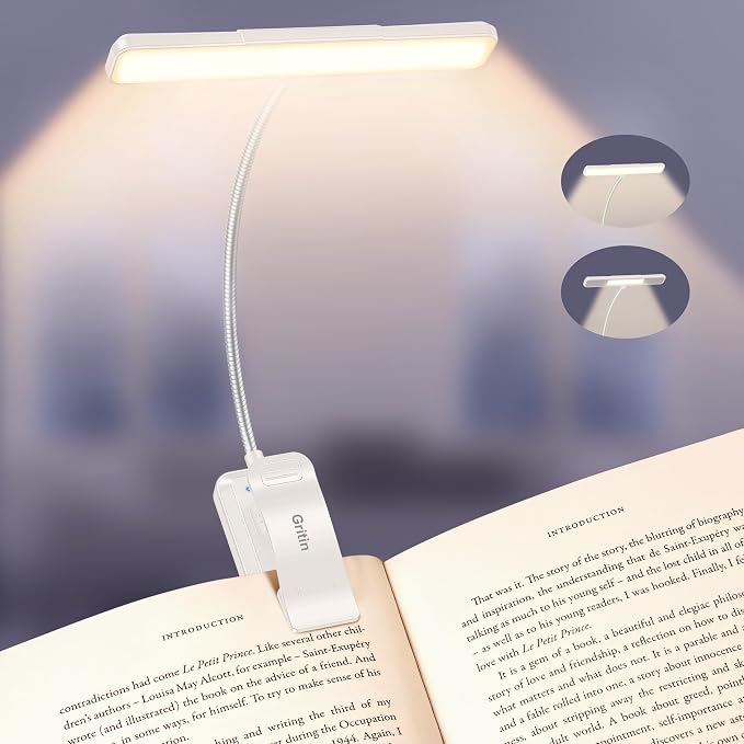 Gritin 2026 Gen 2 Book Light for Reading- 32 Eye Caring Full Spectrum LED | 5 Colors & 5 Brightness, Adjustable Wide/Narrow Beam, Upgrade 1500mAh Long-Lasting Rechargeable Clip on Light-White