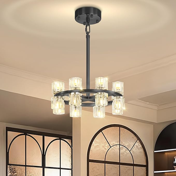 D16 Small Wagon Wheel Chandeliers 16-Lights Black Round Chandelier Pendant Light for Kitchen Island Crystal Chandeliers for Dining Room,Living Room