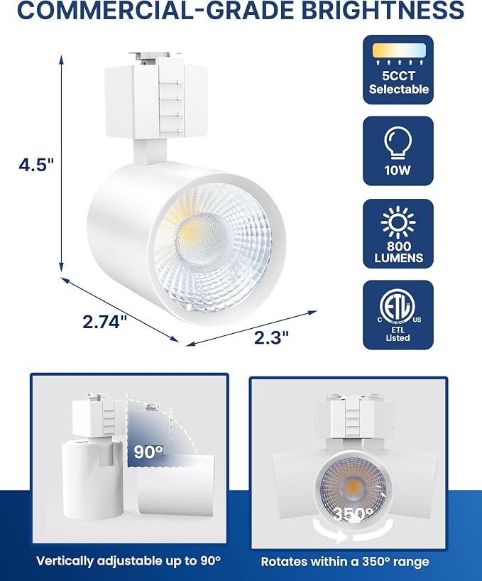 LED J Track Lighting Heads, 10W (60W Eq.), 5CCT (2700K-5000K), 800LM CRI90 Dimmable Track Light Head, 36°COB Spotlight, J Type Compatible Track Light for Accent Lighting, White, 6 Pack