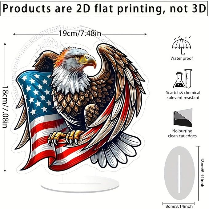 4th of July Desktop Decorative Acrylic USA Flag Eagle Ornaments Decoration 2D Flat Statue Desk Ornament Independence Day Ornaments for Home Desk Dining Table Bookshelf Decorations