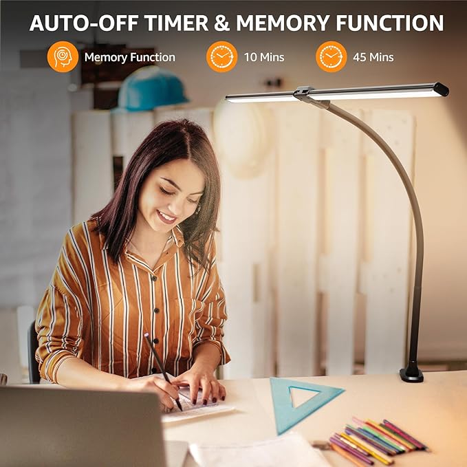 ShineTech LED Desk Lamp, 31.5" Ultra Wide Double Head Architect Light with Clamp, 50 Adjustable Lighting Modes, Eye-Caring Bright Task Lamp for Home Office, Large Monitor, Memory & Auto-Off Timer