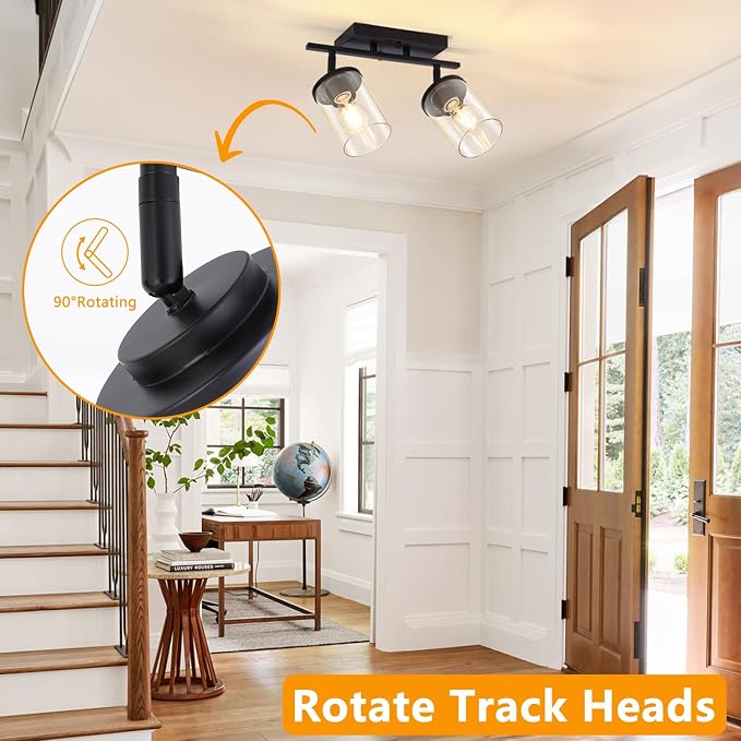 FadimiKoo 2-Lights Semi Flush Mount Ceiling Light, Modern Black Kitchen Light Fixtures Ceiling with Clear Glass Shade, Multi-Directional Track Lighting Kit for Entryway Bathroom Bedroom