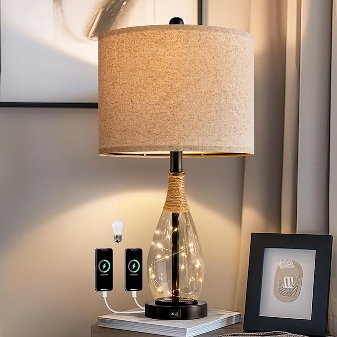 Bedside Table Lamp with USB, 23‘’ Black Modern Nightstand Lamps for Bedroom, Retro Rattan Table Lamps for Night Stands, Living Room, Farmhouse Table Lamp with Glass Nightlight Lamps
