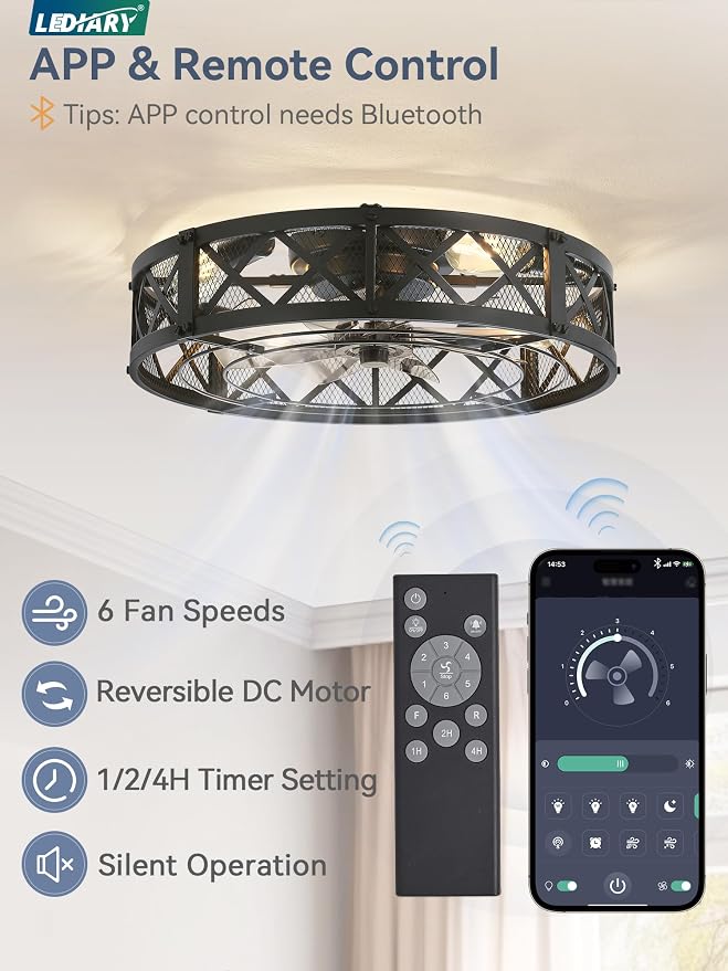 LEDIARY 23" Caged Farmhouse Ceiling Fan with Light, Flush Mount, Black | Remote&APP Control, Large Low Profile, Rustic Fandaliers, Industrial Bladeless Enclosed, Powerful Motor for Bedroom, Kitchen