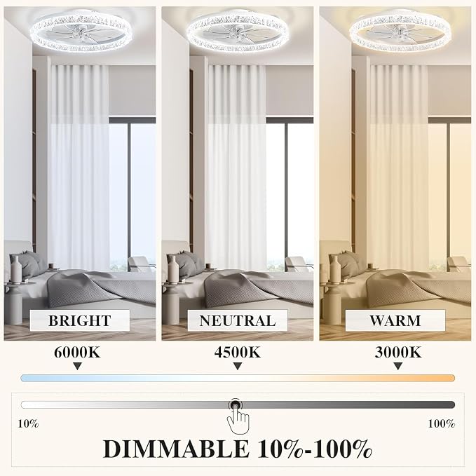 Ceiling Fans with Lights and Remote Fandelier - 20" Flush Mount Low Profile Modern Ceiling Fans for Bedroom - Stepless Color Temperature and 6 Speeds, White Irregular Crystal