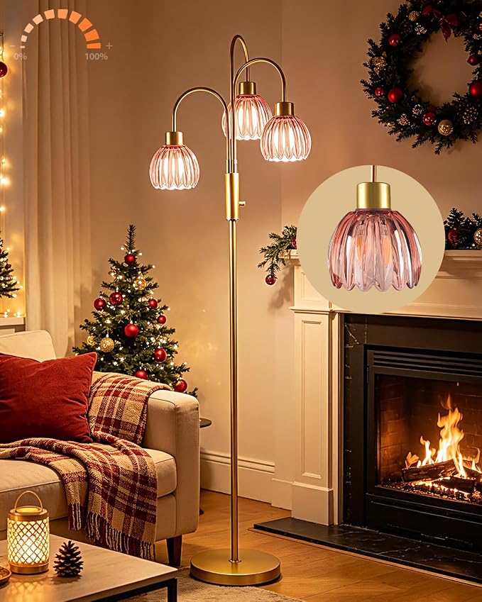 3-Light Glass Floor Lamp, 70" Gold Dimmable Standing Tall Lamp with Deep Red Ribbed Glass Shades &3PCS 3000K Warm White Bulbs, Modern Tree Pole Lamp for Living Room Bedroom Home Office Corner Decor