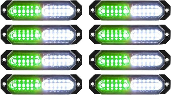 ASPL 8pcs Sync Feature Ultra Slim 12-LED Surface Mount Flashing Strobe Lights for Truck Car Vehicle LED Mini Grille Light Head Emergency Beacon Hazard Warning Lights (Green/White)