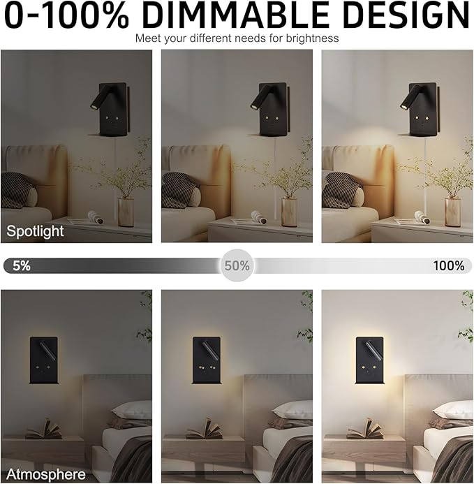 ZEROUNO LED Dimmable Wall Mounted Reading Light, Backlight Night Wall Lamp, Adjustable Headboard Plug in Wall Sconce with USB C+A Ports, LED Reading Light for Bedroom Bedside Lamps