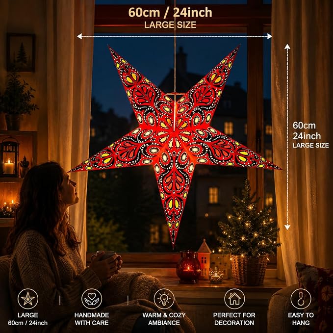 Lantern Lampshade Paper Star Light Shades Large 60cm Hanging Decorations for Christmas Wedding Home Decoration Birthday Party Foldable 5 Pointed Star (Red, Black, Yellow)
