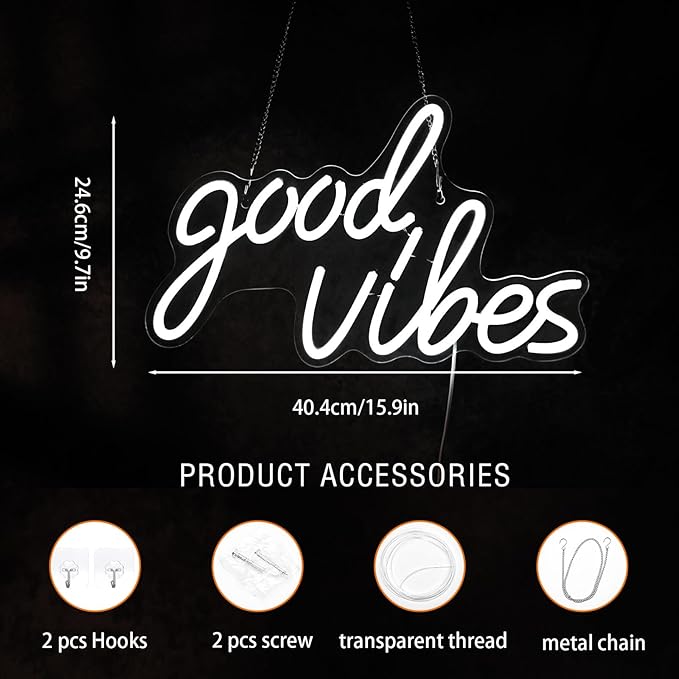 Good Vibes Neon Sign, Good Vibes Neon Lights Goodvibes LED Light Sign for Wall Decor, Bedroom Decor, Game Room, Birthday Party, Wedding, Bar, Home, Girl Cave, White, (15.91 x 9.69 inch)
