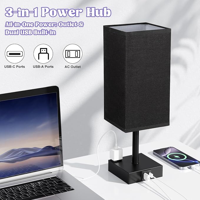 Black Bedside Table Lamp for Bedroom - Dimmable Touch, USB C+A, AC Outlet | 3-Way Dimming, 5000K Daylight Bulb Included, Nightstand Lamp with Square Linen Shade, Small Room Decor for Men, Boys, Desk