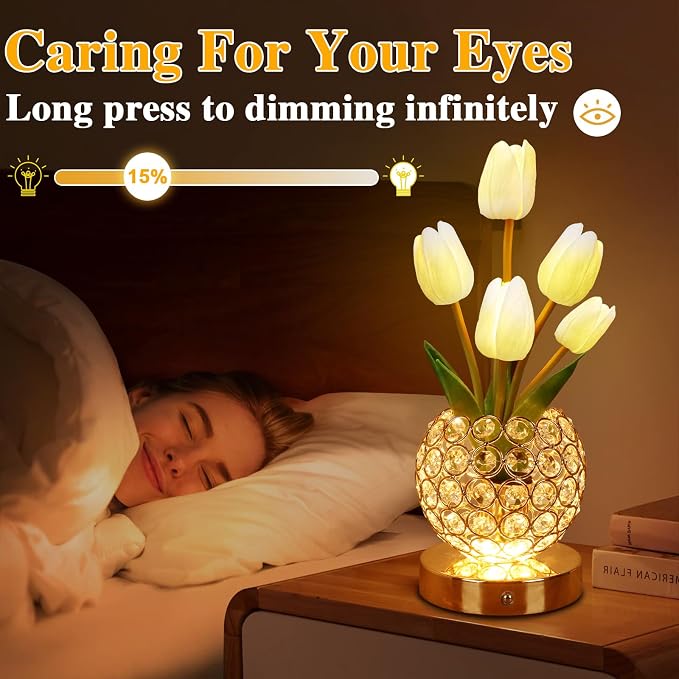 Birthday Gifts for Women Mothers Day Gifts/for Mom Tulip Table Lamp | 3 Color Crystal Flower Bedside Lamps Infinitely Dimming with USB Charge Small Night Light,Night stand Touch Lamp(White-tulip)