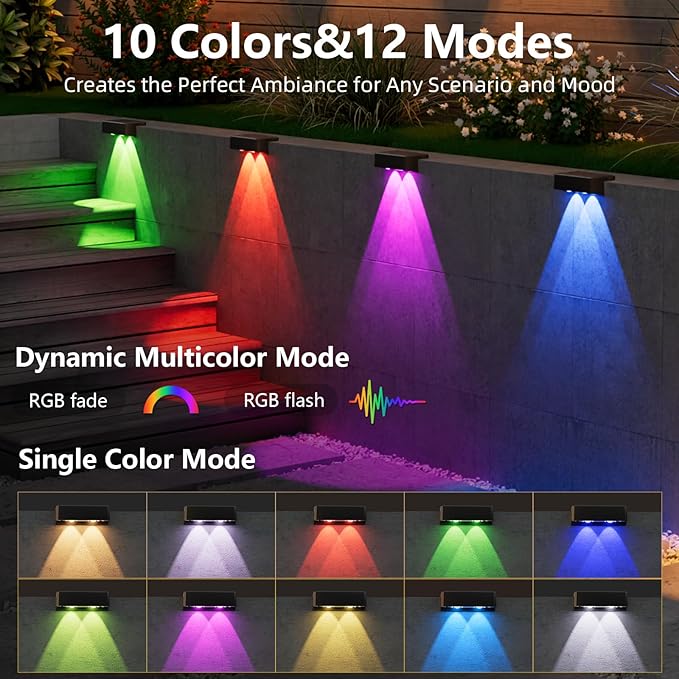 VOLISUN Solar Deck Lights 12 Pack, Warm White, Cool White and RGB Color Glow LED Large Size Lamp, IP65 Waterproof Solar Fence Lights Outdoor for Step, Patio, Fence, Railing, Wall, Stairs