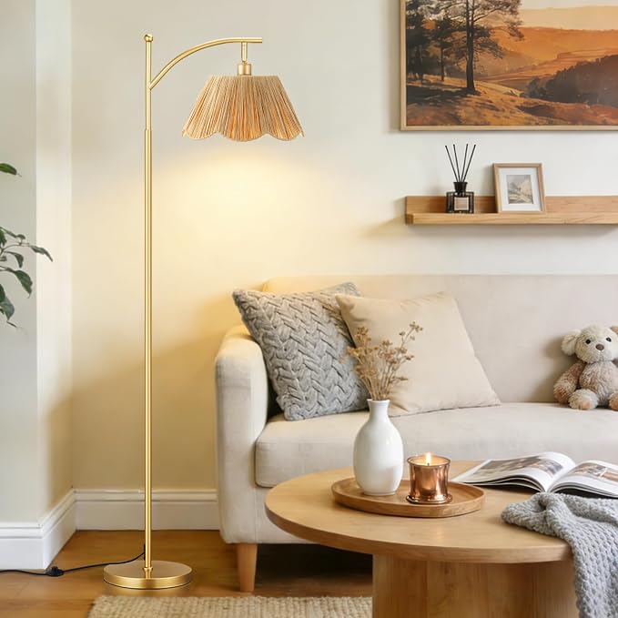 60" Floor Lamps for Living Room with 3 Color Temperatures, Gold Floor Lamp with Rattan Shade, Modern Tall Lamps for Bedroom Office, 9W LED Bulb Included
