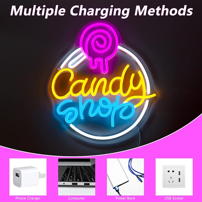 Candy Shop Neon Sign, Neon Signs for Wall Decor, Neon Dimmable LED Signs Lollipop Store Decorations, Neon Dessert Business Light Up Signs Candy Party Decorations, Neon Halloween Birthday Gift