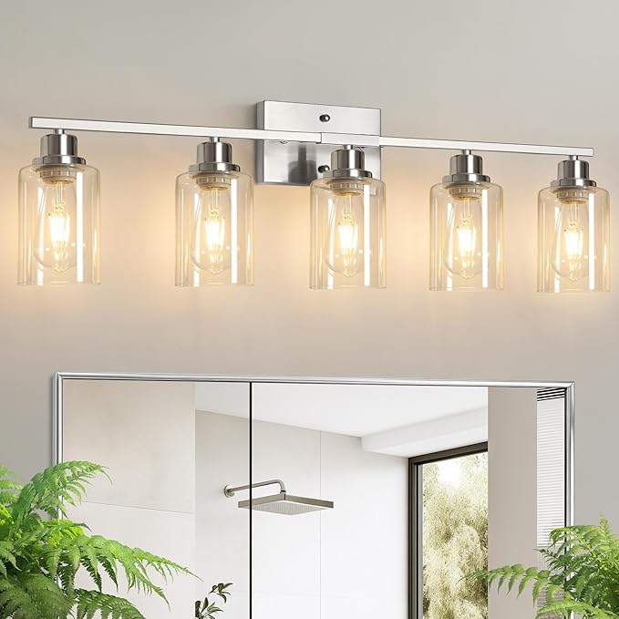 Ascher Bathroom Light Fixtures, 5-Light Vanity Light Over Mirror, Brushed Nickel Wall Sconces with Clear Glass Shades, Wall Lamp for Living Room Bedroom, E26 Base(Bulbs Not Included)
