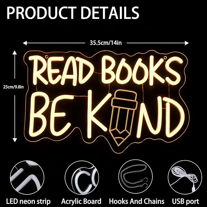 Read Books And Be Kind Neon Sign for Wall Decor Warm White Read Books Neon Light Dimmable Classroom LED Light up Signs for Study Room Bookstore Bedroom Classroom Library Decor