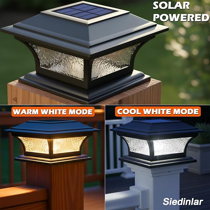 SIEDiNLAR Solar Post Lights Outdoor Glass LED Fence Cap Light 2 Modes for 4x4 5x5 6x6 Posts Deck Patio Garden Decoration Warm White/Cool White Lighting Black (1 Pack)