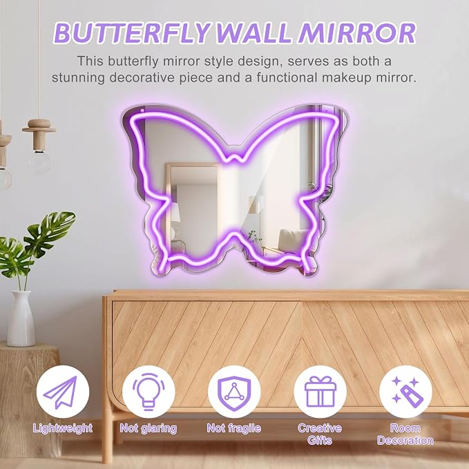 Butterfly Neon Sign Mirror, LED Neon Signs for Wall Decor, 15.7'' x 12'' Dimmable Neon Light for Teen Girls & Kids Birthday Party Gift, Neon Sign for Bedroom Decor, Wall Mirror, USB Powered (Purple)
