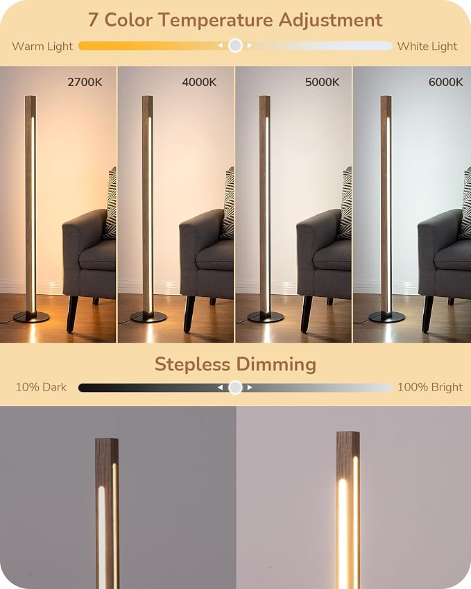 EDISHINE Wooden LED Floor Lamp with Remote, Dual Lighting, 7CCT & Dimmable | Foot Switch, Night Light Mode, Memory Function, Standing Lamp for Bedroom, Office, Walnut Wood