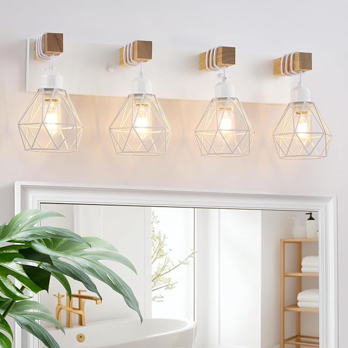 maesta 4 Light Bathroom Vanity Light, Farmhouse White Fixture Over Mirror | Farmhouse Bathroom Light Fixtures, Wood & Metal, Anti-Rust Easy to Install for Rustic Bathroom Hallway