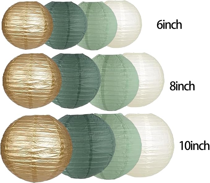 Bridal Shower Decorations,12pcs Sage Green Gold Paper Lanterns for Woodland Shower Wedding Boho Birthday Party Decoration(Gold,Ivory,Sage Green)