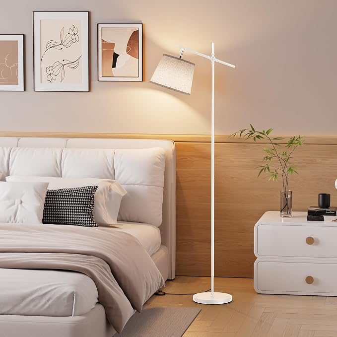 Floor Lamp with Linen Shade, Dimmable Tall Standing Lamp with Remote Control & 3 Color Temperatures Bulb, Modern Swing Arm Floor Lamps for Living Room Bedroom Office Corner