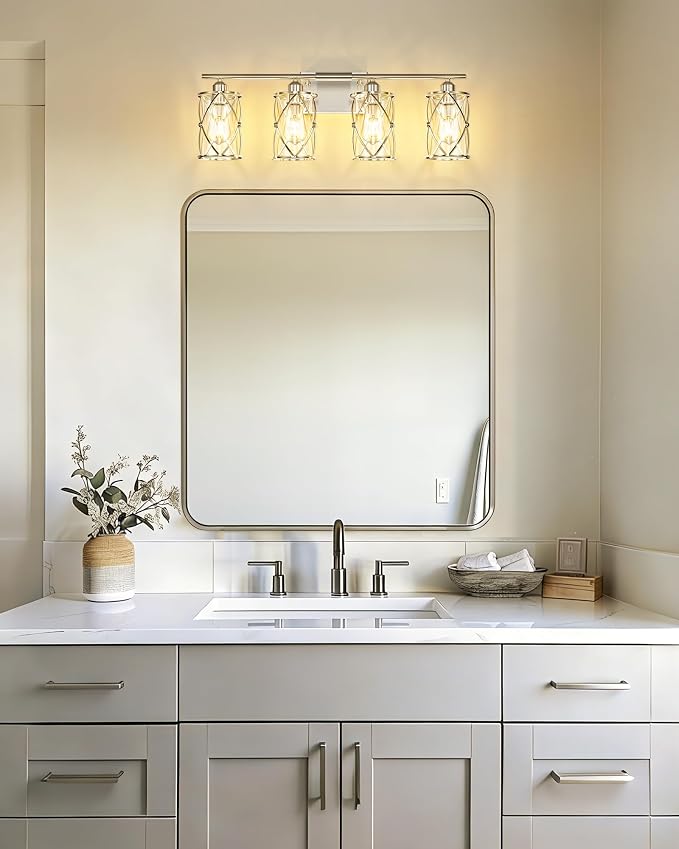 4-Light Brushed Nickel Bathroom Light Fixtures, 29 Inch Modern Bathroom Vanity Lighting Fixtures Over Mirror with Clear Glass and Metal Cage Wall Sconce Lights for Bath, E26, CH9176BN-4W