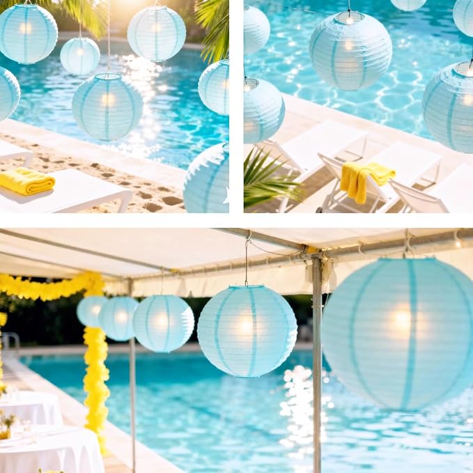Light Blue Chinese Paper Lanterns with LED Lights, 10-Pack 12in | Hanging Lights for Gender Reveal, Beach Party, Birthday Decorations, Ceiling Decor & Home Party