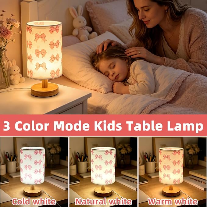 Pink Bow Kids Table Lamp,Night Light for Girls Bedrooms Bedside,3-Color Adjustable Dimming Reading Light with Linen Fabric Lampshade and Wood Base for Living Bedroom Child Room Study Home Decor