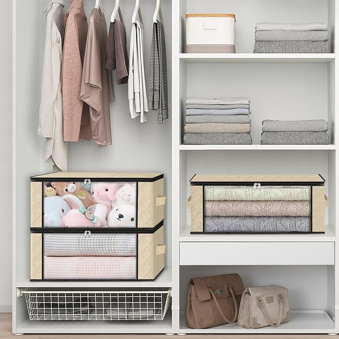 HomeHacks 4-Pack Clothes Organizer Storage Bags, 35L Storage Bins, Beige | Foldable Storage Box Container with Zippers, Clear Window, Reinforced Handles for Closet, Dorm, Pillows, Bedding, Sweater