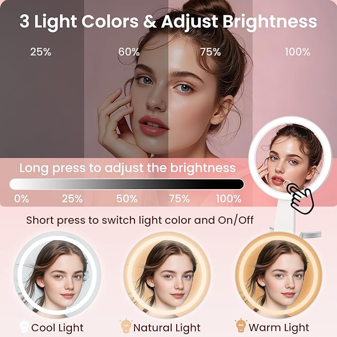 Makeup Mirror with Lights, 10X /1X Double-Sided Lighted Makeup Mirror with Magnification, Rechargeable Magnifying Mirror with 3 Color Lights, Portable Make up Mirror 3 in 1 Tabletop/Handheld/Hanging