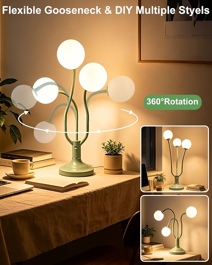 Globe Green Table Lamp Dimmable Magic DIY Arms G9 Bulbs Included | Nightstand Modern Desk Lamp Vintage Ambient Night Light Warmwhite Kids Bedside Lamps for Bedroom Living Room Nursery Gift