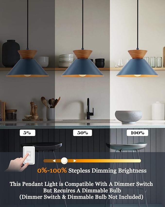 ELYONA 10 Inch Modern Pendant Light Fixture Farmhouse Solid Wood Hanging Lamp with Navy Blue Metal Shade & Gold Inner Finish Adjustable Pendant Light for Kitchen Island Dining Room Bedroom Modern Blue