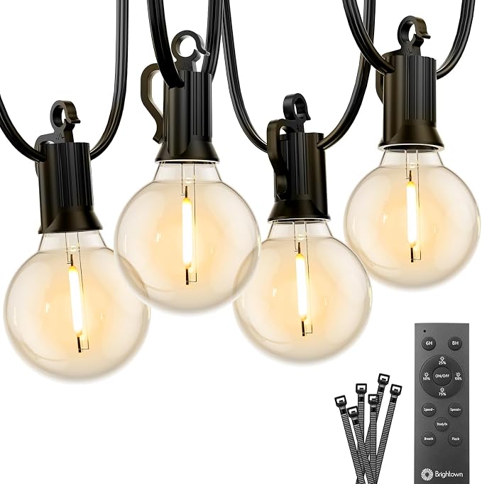 Brightown Outdoor String Lights, 38FT 15 Shatterproof LED Bulbs with Remote, Waterproof Dimmable Patio Hanging Lamps for Porch, Balcony, Bistro, Cafe, Deck, Backyard