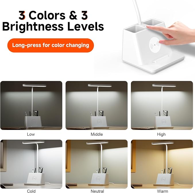 Desk Lamp with Fast Wireless Charger, College Dorm Room Table Light | 18 in, Adjustable LED, White, Small, Cute, for Home Office