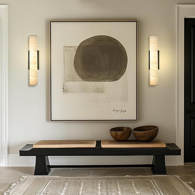 20" Natural Alabaster Wall Sconce, Modern Black Marble Wall Light Dimmable | Spanish Alabaster, Vanity Light, 3000K Warm White Light, Tube, Hardwired, Stone, for Bathroom/Bedroom/Living Room, 1PC