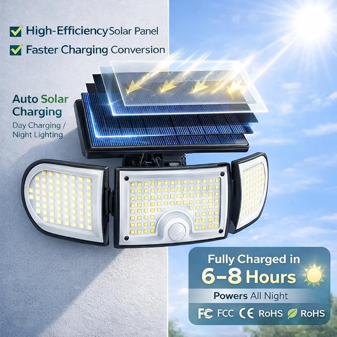 Solar Motion Sensor Lights Outdoor, 3000LM 3 Adjustable Heads Security Flood Light with Remote Control, IP65 Waterproof 270° Wide Angle Solar Wall Lights for Garage Yard Patio Driveway, 4 Pack