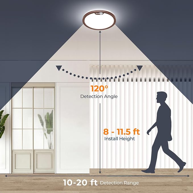 Motion Sensor Ceiling Light Wired, 8.7 Inch 3000K 4000K 5000K Selectable LED Flush Mount Light Fixture, Motion Activated Light with Timer for Hallway Stair Walk-in Closet, Non-Dimmable - Walnut