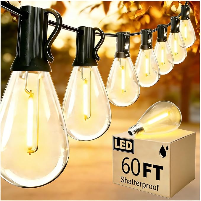 REEMEER 60FT Outdoor String Lights S11 LED Patio with 17 Plastic Bulbs(1 Spare),Waterproof Connectable Hanging Lights for Backyard Porch Balcony Party Decor