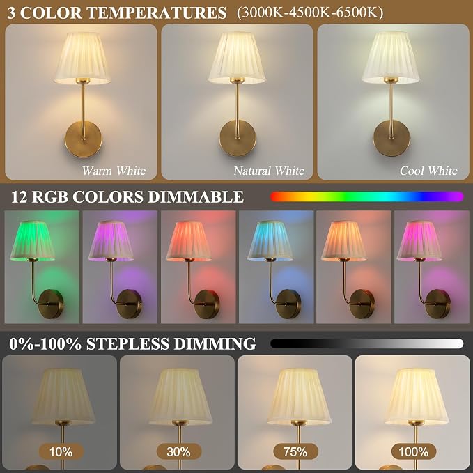 Cordless Wall Sconces Set of 2, Dimmable 15 Colors Rechargeable Battery Operated Wall Sconces, Wireless Gold Vintage Wall Sconce with Fabric for Bedroom Living Room Hallway Wall Decor